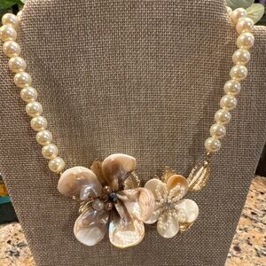 Vintage Floral Shell Statement Necklace Pearl Strand Resort Style
